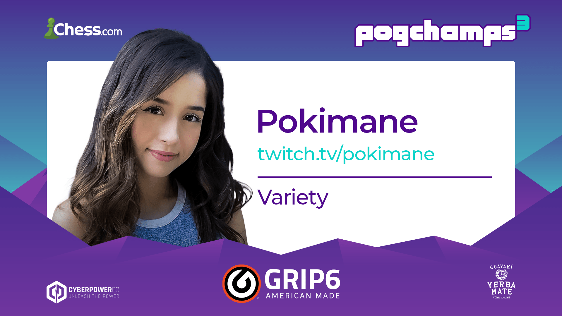 Pokimane official PogChamps 3 player graphic from Chess.com