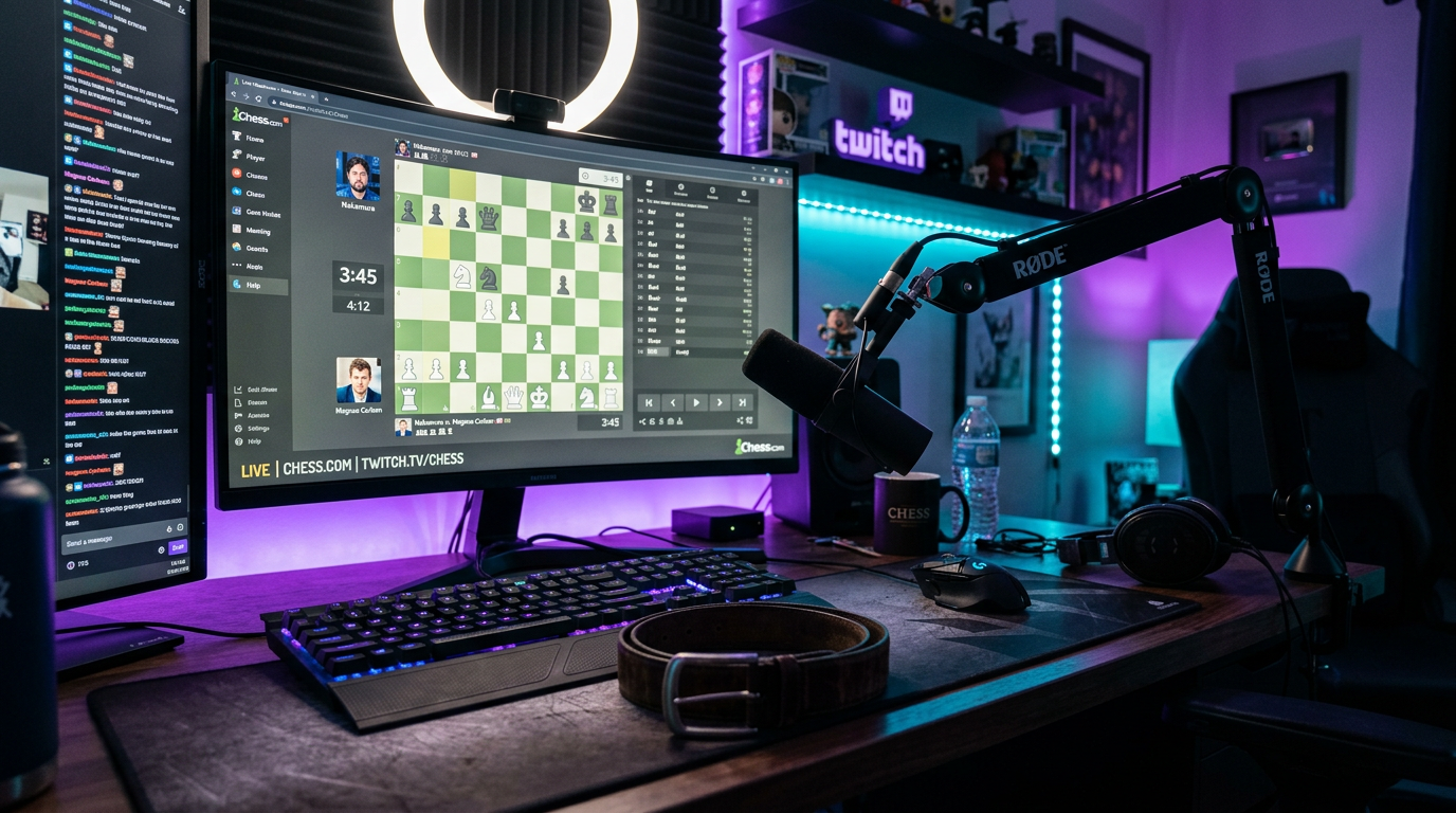 Twitch streamer setup running a chess.com match during PogChamps 3